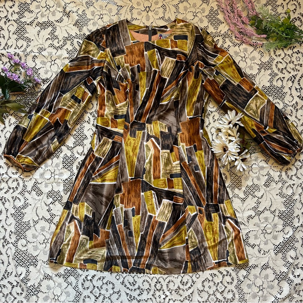60s Silk “Dress Maker” Gold Bronze Abstract Print Mod Dress
